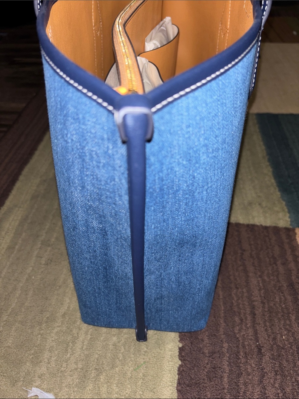 Tory Burch Denim Tote with Navy Trim and Orange Interior - Picture 4 of 10